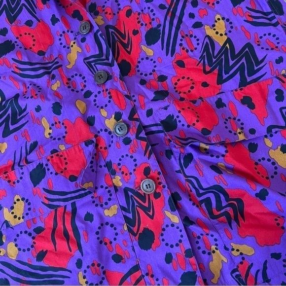 YVES Saint Laurent Vintage 1990s Purple Red Abstract Belted Shirt Jacket Dress - Picture 10 of 11